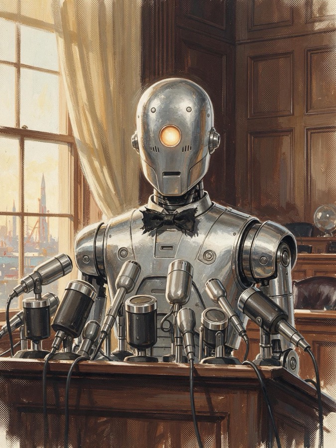 Adam, a former Woodhouse-model butler robot, at a hearing-room lectern.